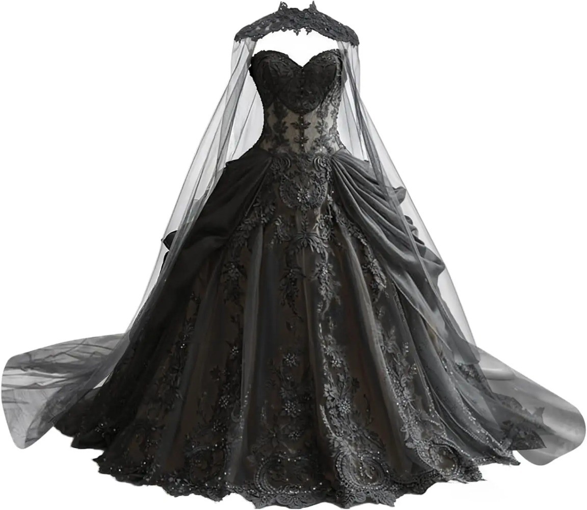 Gothic Weeding Dresses Lace Applique Bridal Dresses Tiered Tulle with Cape