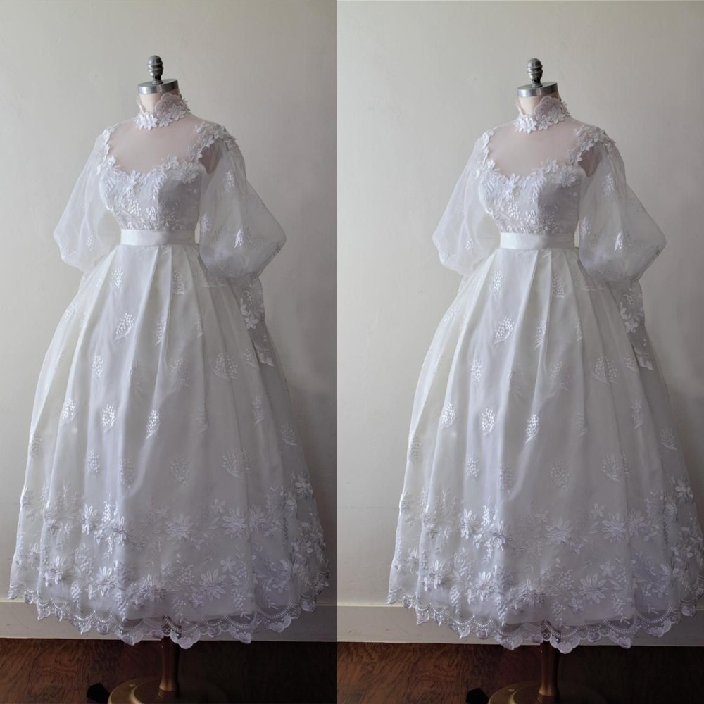 Vintage Wedding Dresses High Neck Puff Sleeve Lace Applique A-Line Bridal Gowns