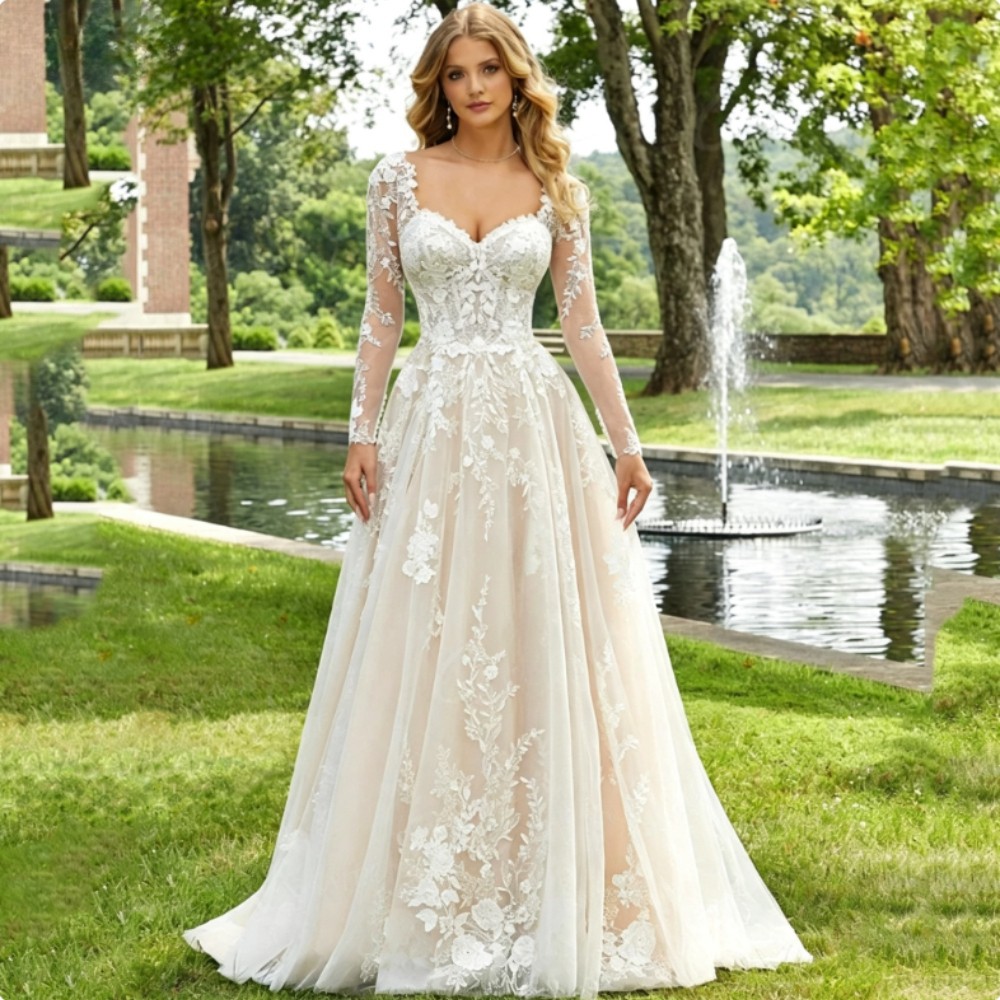 Lace Applique Square Neck Wedding Dresses Long Sleeves Long Sleeve Bridal Gowns