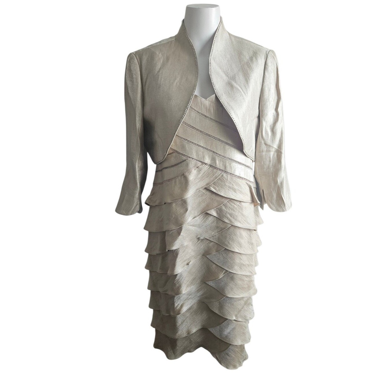 Adrianna Papell Champagne Beaded Tiered Ruffle Sheath Dress 12 Wedding Formal