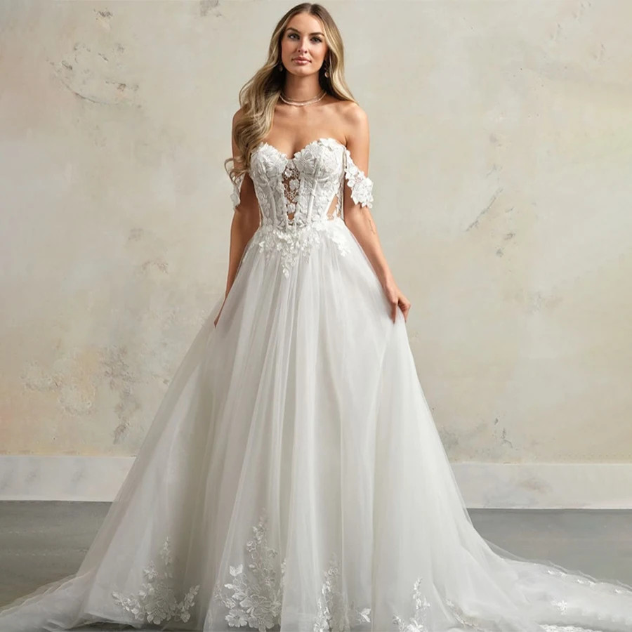 Sweetheart Lace Appliques Cap Sleeve Weddding Dress A-line Back See Through
