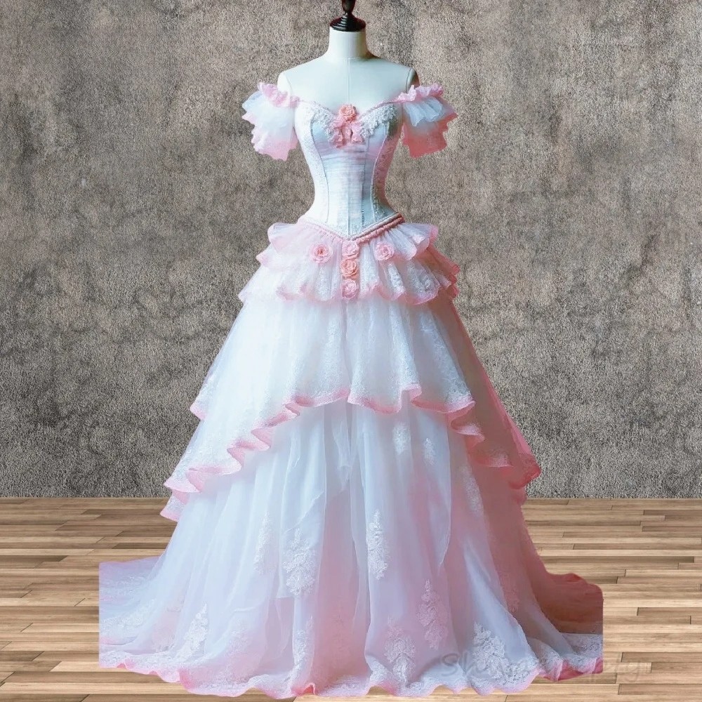Vintage White Pink Victorian Wedding Dress Renaissance Bridal Gown Lace Applique