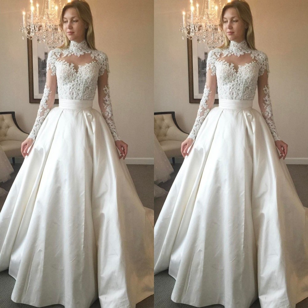 Elegant Wedding Dresses High Neck Long Sleeves A Line Sweep Train Bridal Gowns