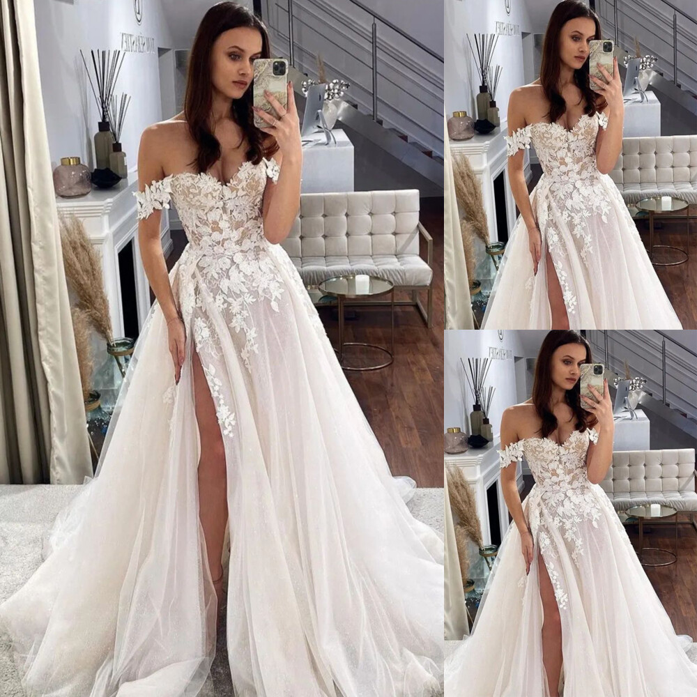 Beach Wedding Dresses With Split Off the Shoulder Lace Appliques Bridal Gowns