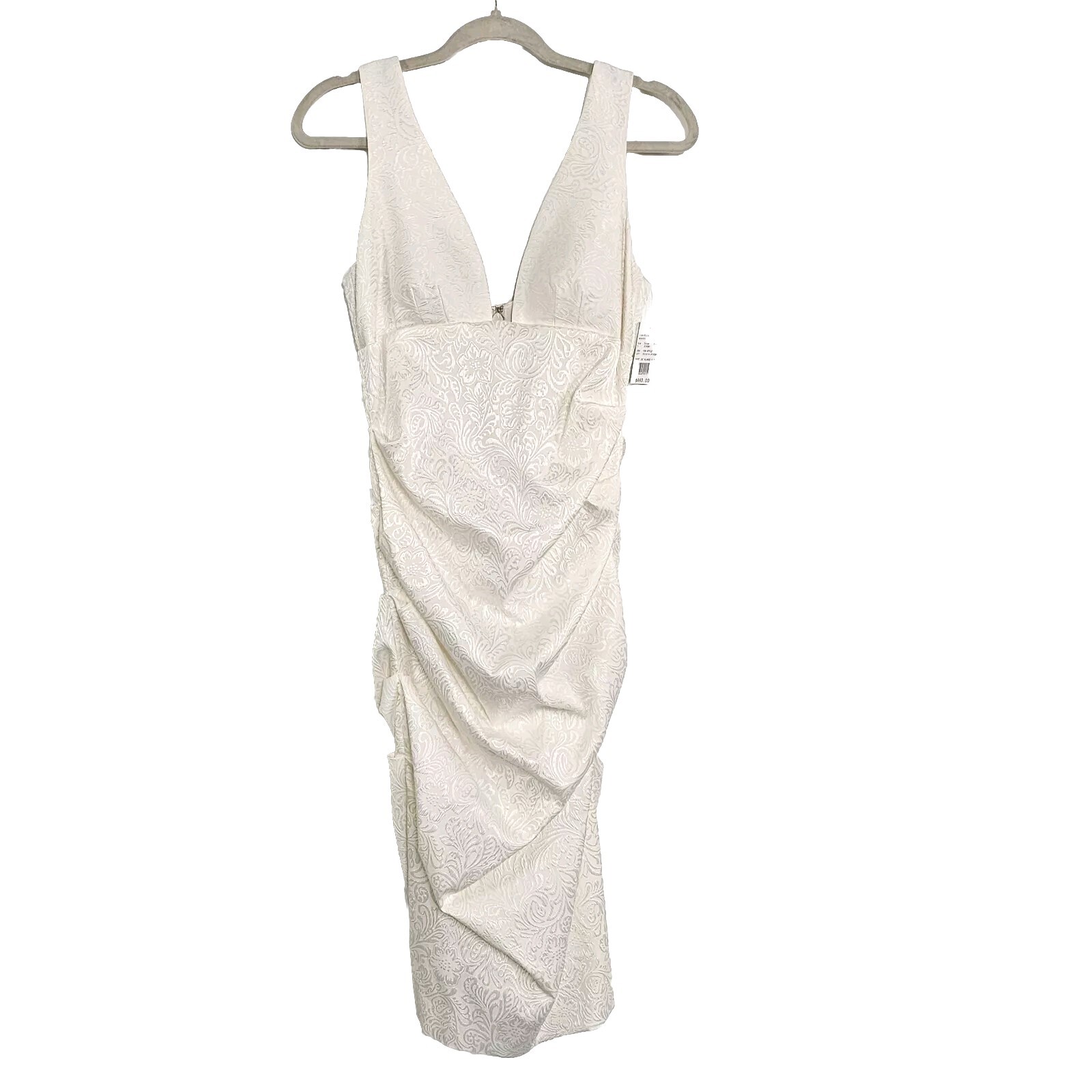 Nicole Miller Womens Jacquard Plunge Bodycon Midi Dress 8 Ivory Ruched Romantic