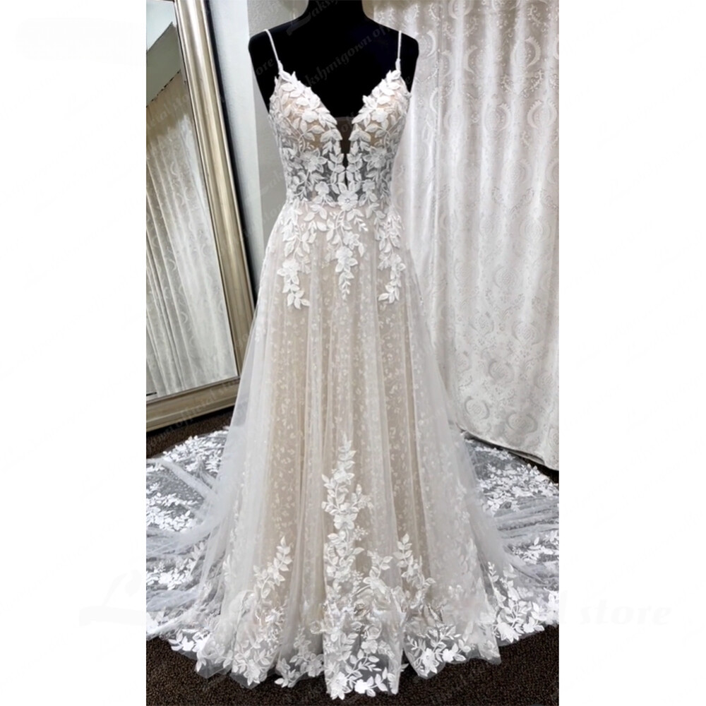 Deep V Neck Lace Floral Wedding Dresses Bridal Gown Champagne Spaghetti Straps