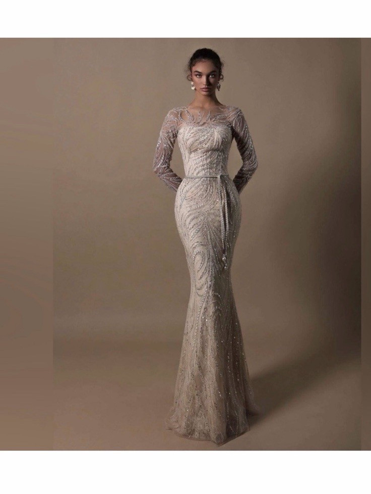 Tarik Ediz Beige Illusion Long Sleeve Beaded Sequin Mermaid Full-Length Gown