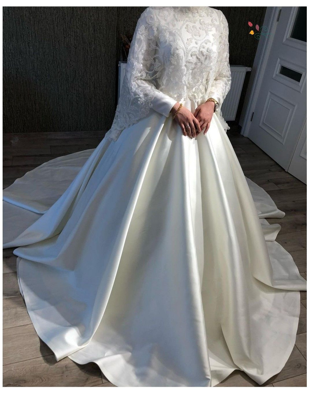 Muslim Wedding Dresses With Lace Cape Satin A Line Sweep Train Bridal Gowns