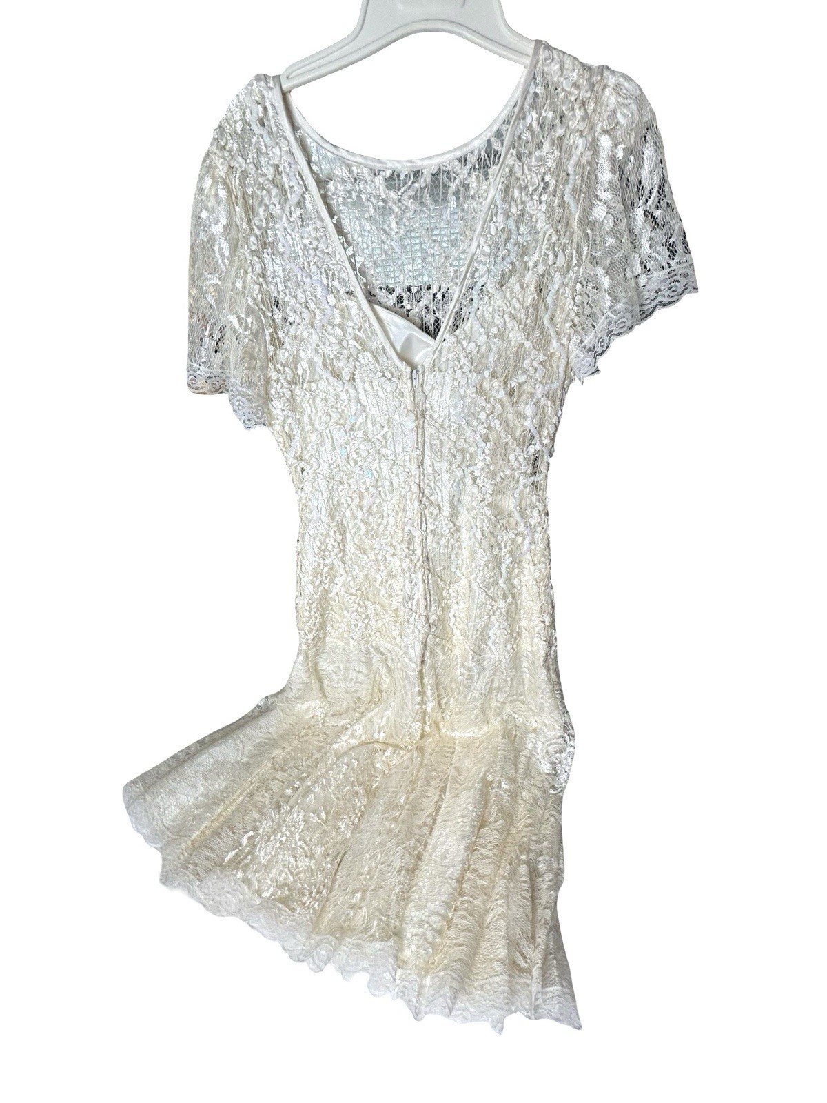 VTG Wedding Dress Sz 11/12 Lace Ivory Drop Waist Tea Length Flutter Sleeve READ
