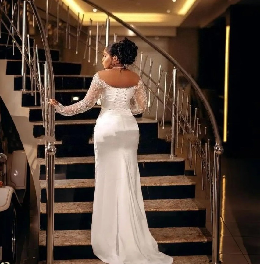 Sheer Neck Mermaid Wedding Dress with Detachable Long Sleeves Beaded Bridal Gown
