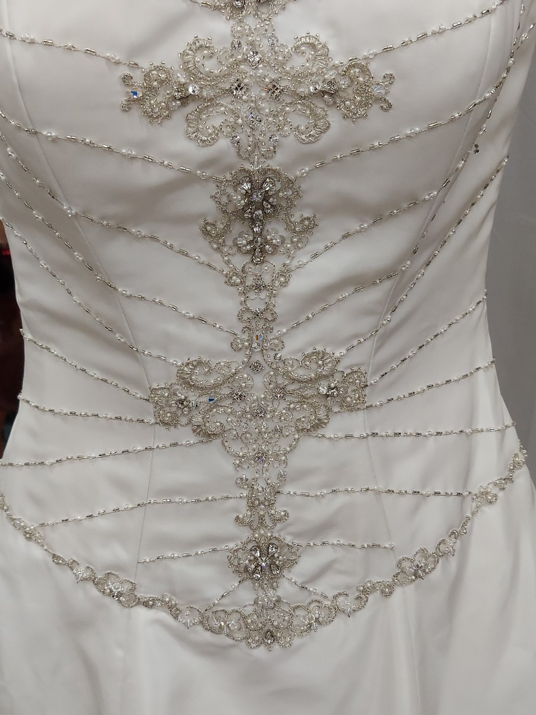 Eden Bridal White Pearl Beaded Gem Cementrical Train Adjustable Lace Down Back