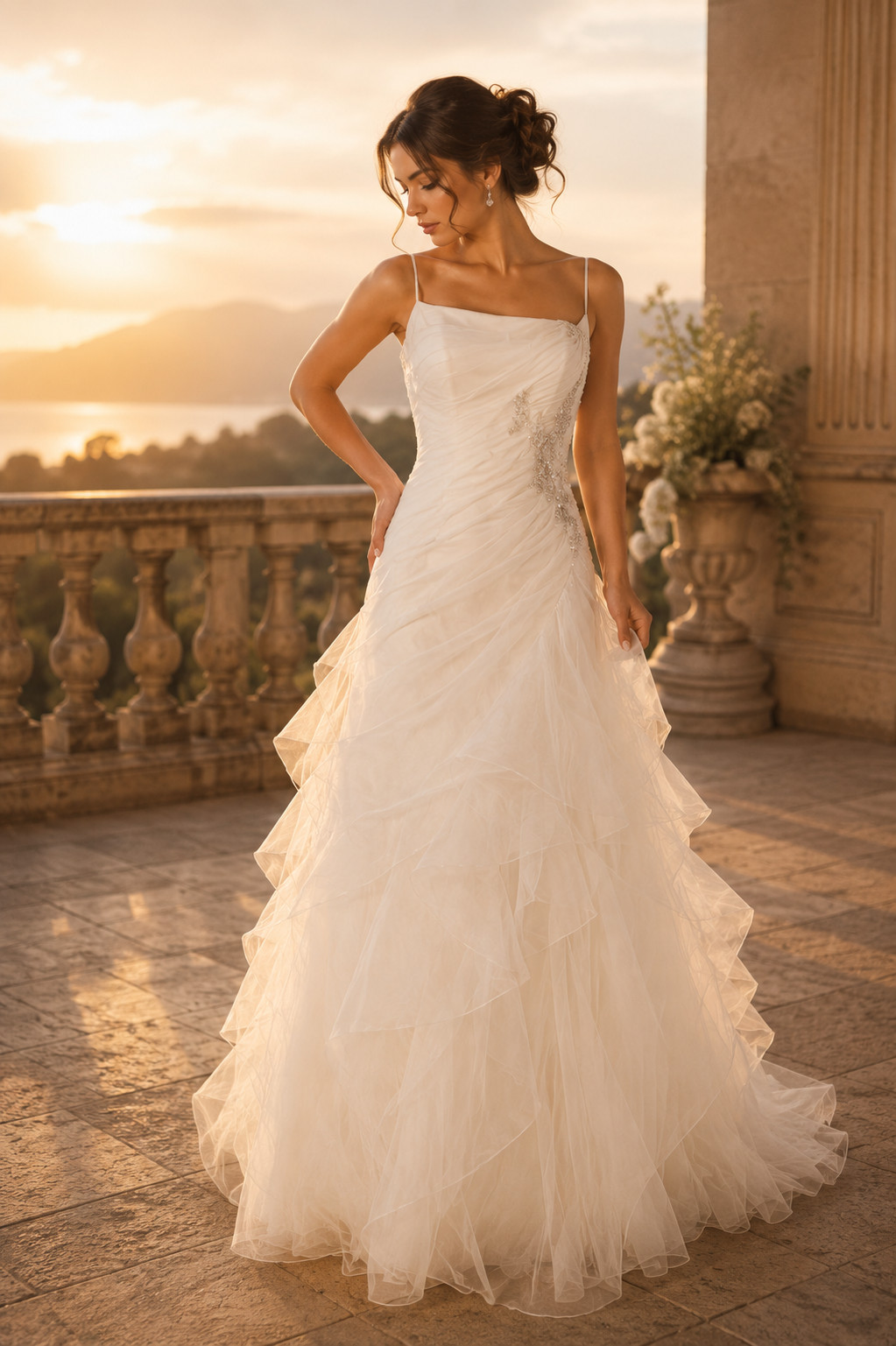 Anjolique Wedding Dress 8 Off-White Organza Ruffles Bling Tulle Straps Roses Bow