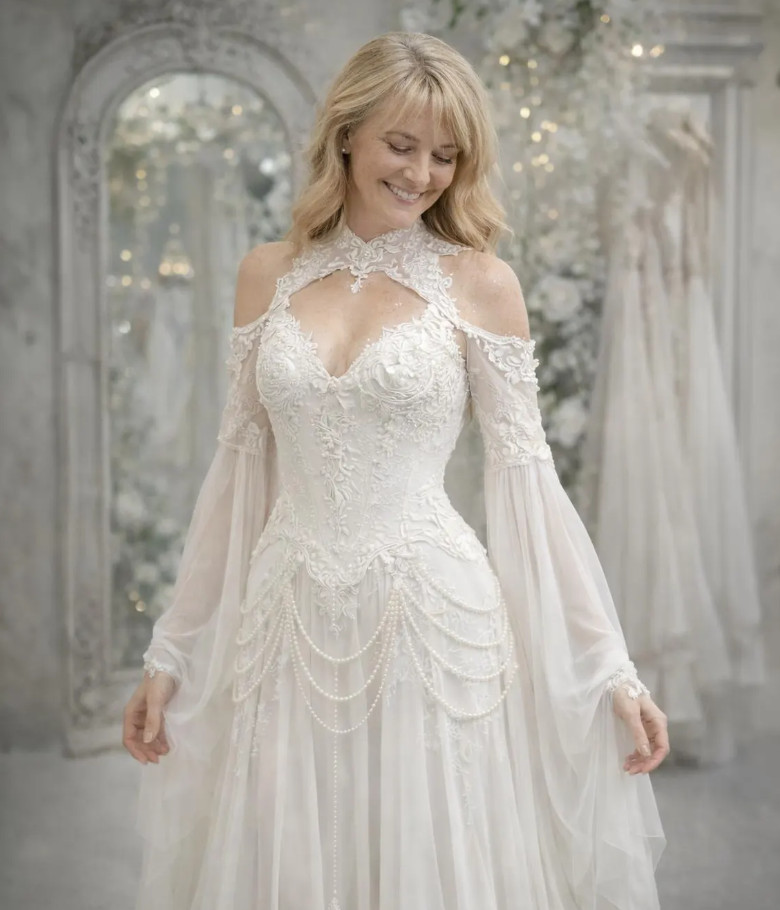 Gothic Fairy High Neck Lace Wedding Dress Cold Shoulder Flared Bell Sleeve