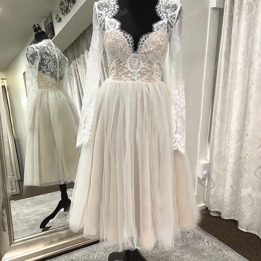 Champagne Short Wedding Dresses With Long Sleeves Lace Tea Length Bridal Gowns