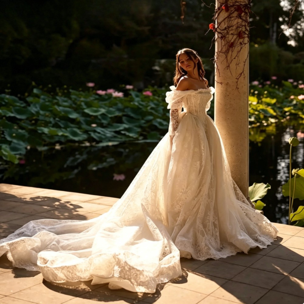 Boat Nack Lace Appliques Wedding Dresses Off Shoulder Long Sleeves Bridal Gowns