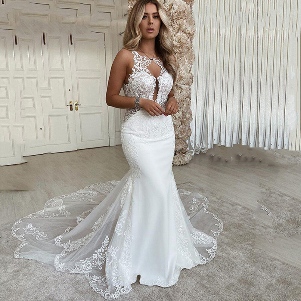 Sexy Mermaid Wedding Dresses White Backless Bridal Bridal Gowns With Court Train