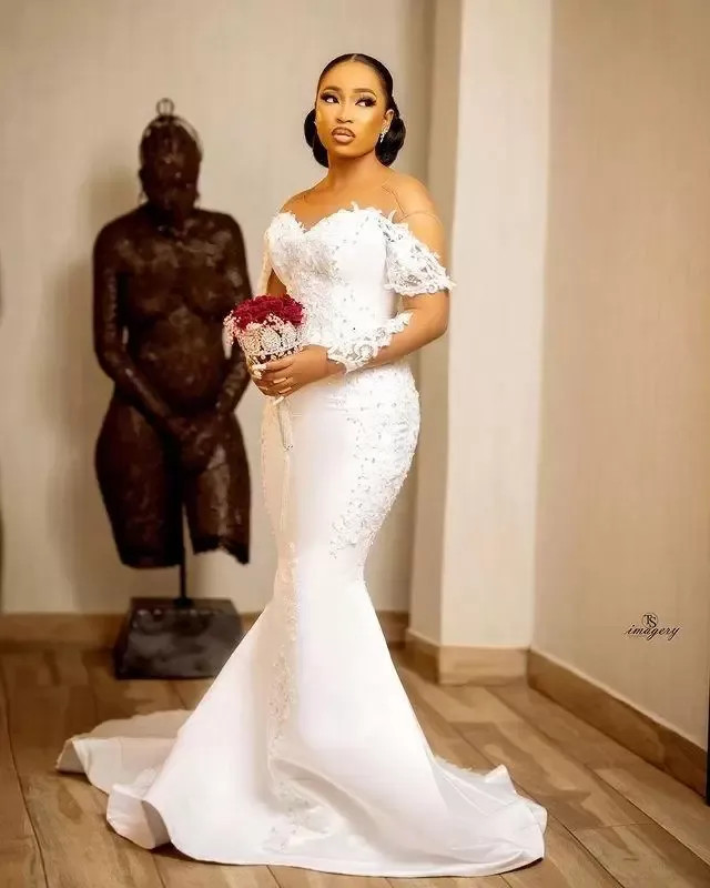 White Mermaid Wedding Dress Off Shoulder Lace Long Sleeves Backless Bridal Gown