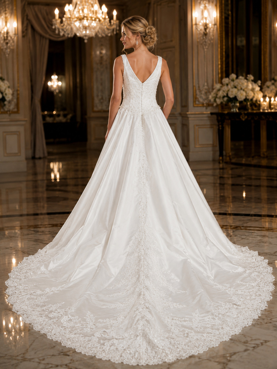 Forever Yours Wedding Dress 16 Off-White Long Train Bling Sash Scoop Neck Straps