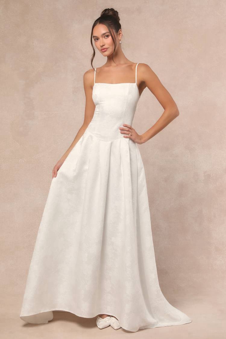 Lulus Arabella Wedding Dress Sz Small White Jacquard Lace Up Back Gown Bridal