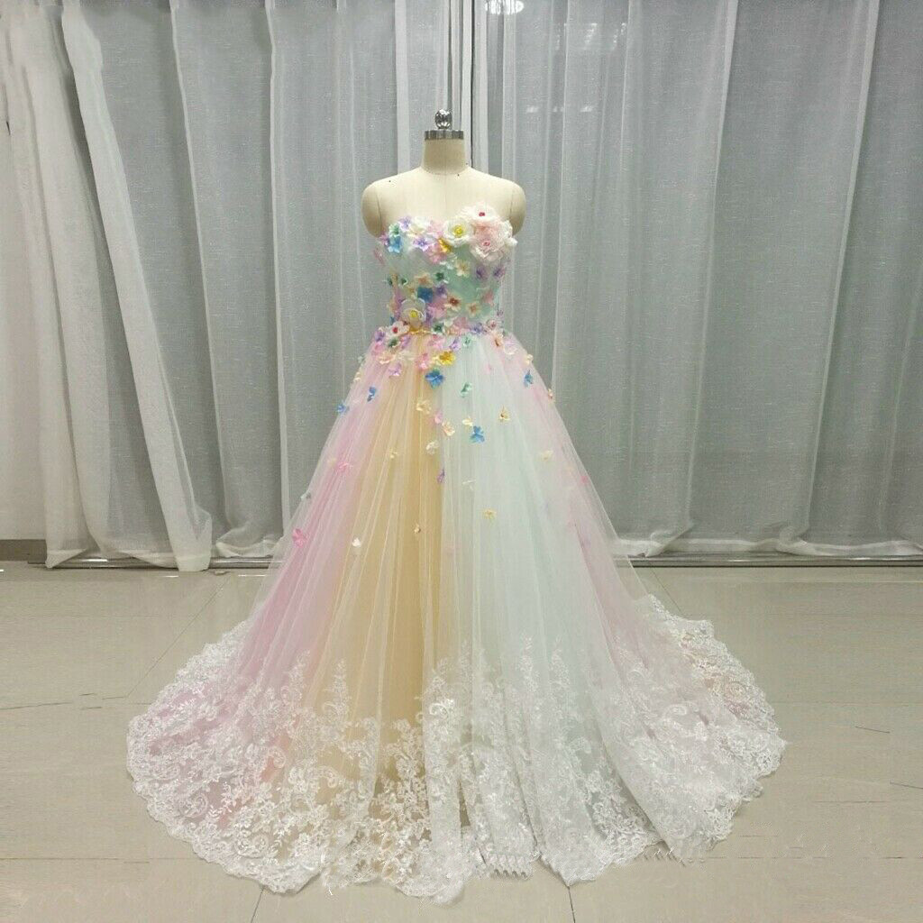 3D Flowers Rainbow Wedding Dresses Strapless Lace Edge Bridal Gown A Line Custom