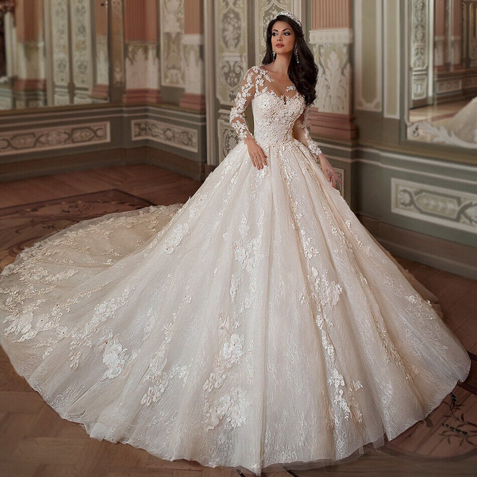 Luxury Ball Wedding Dresses Long Sleeves Applique Princess Bride Gowns