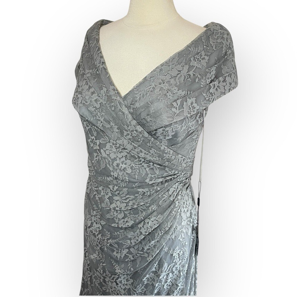 NWT LA FEMME Special Occasion Mother of the Bride Gray Lace Column Gown, Size 14