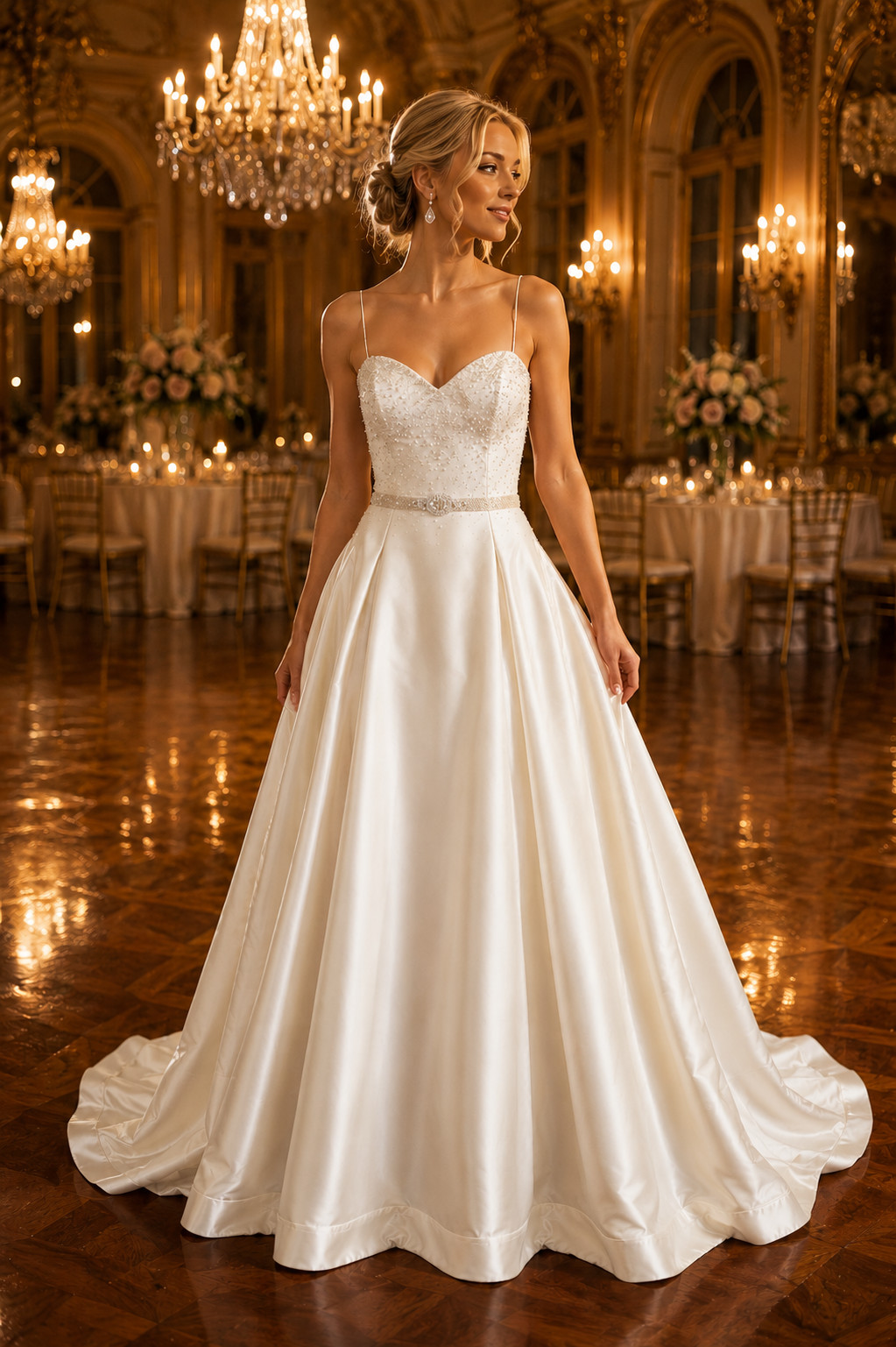 Victor Harper Sample Wedding Dress 20 Ivory A-Line Mikado Satin Beaded Belt Bow