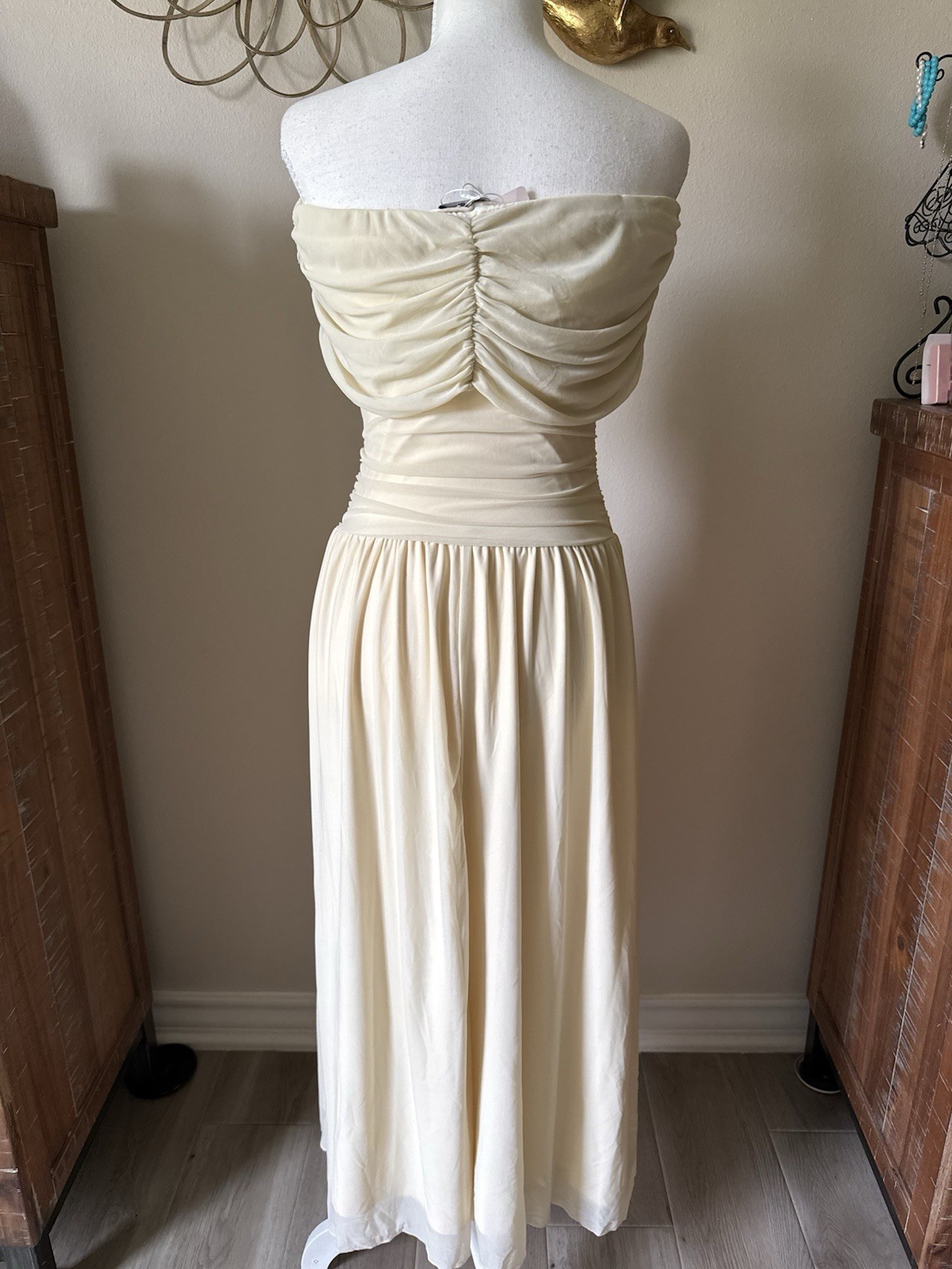 Ivory Strapless Ruched Maxi Dress S NWT Courthouse Wedding Bridal Minimalist