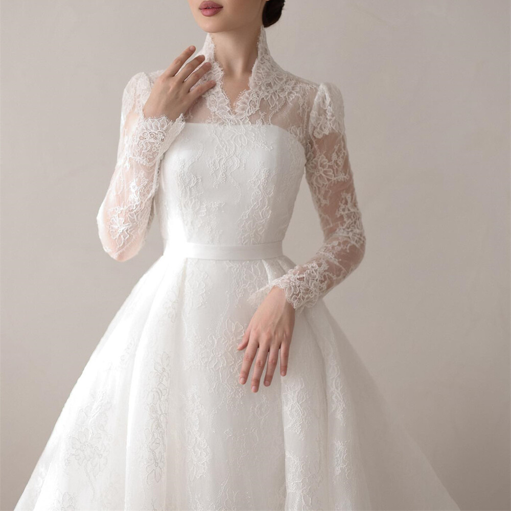 High Neck Lace Wedding Dresses Long Sleeves Appliques Buttons Back Bridal Gowns