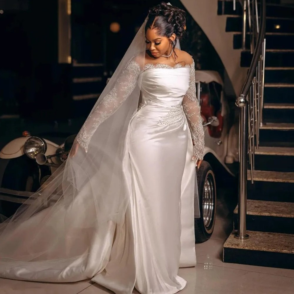 Sheer Neck Mermaid Wedding Dress with Detachable Long Sleeves Beaded Bridal Gown