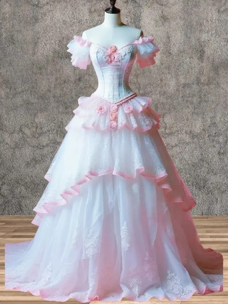 Vintage White Pink Victorian Wedding Dress Renaissance Bridal Gown Lace Applique