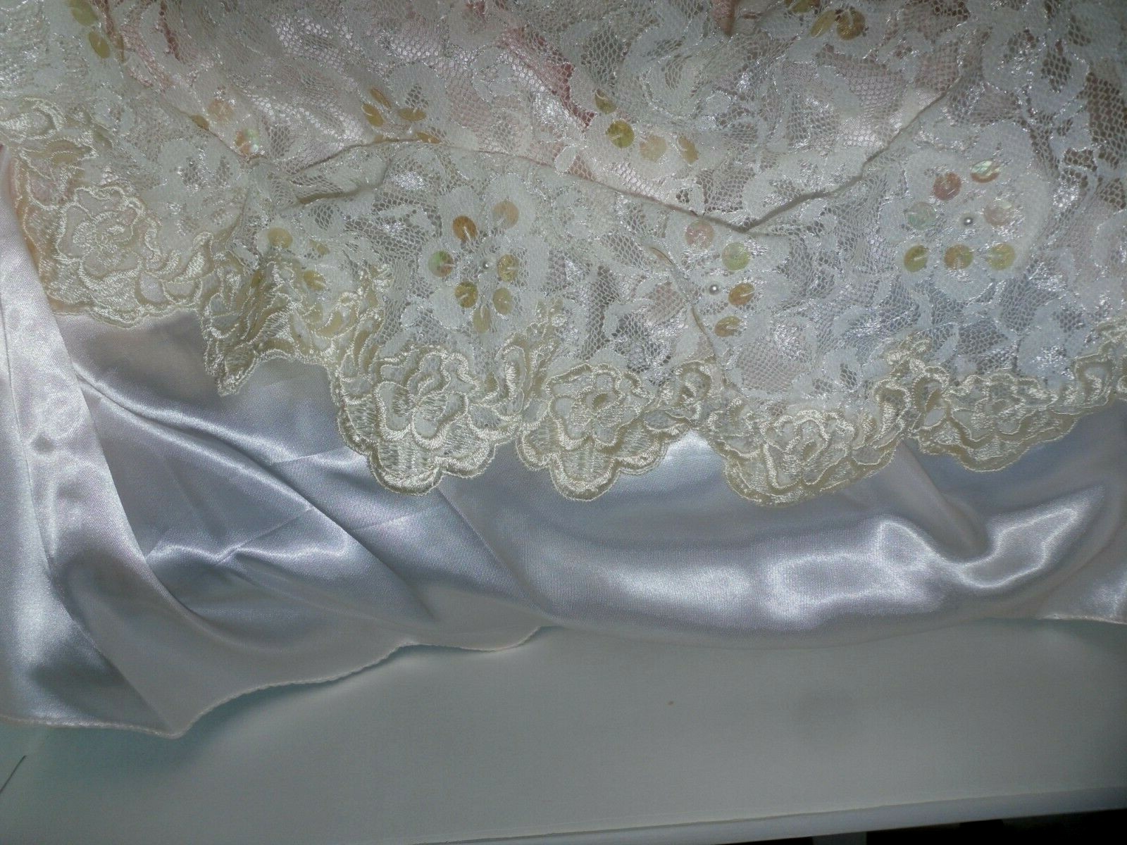 White With Pink, Lace & Beaded Long Sleeve Satin Wedding Dress From the 90’s