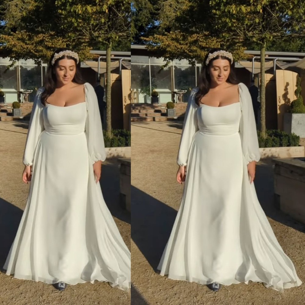 Wedding Dresses with Square Neck Puff Long Sleeve Sweep Train A Line Bridal Gown