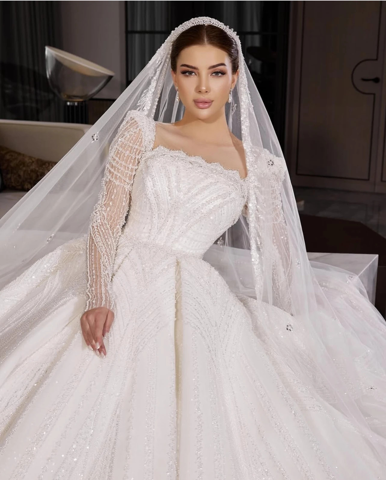 White Beaded Off Shoulder Bridal Gown Long Sleeve Sparkle Tulle Wedding Ballgown