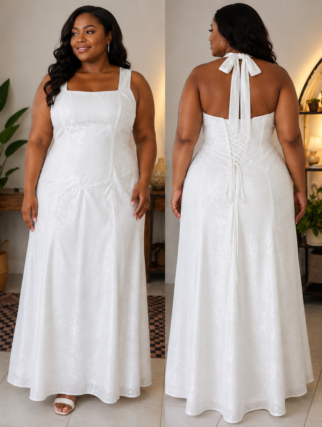 White Sleeveless Square Neck Lace Jacquard A-Line Full-Length Wedding Dress 20