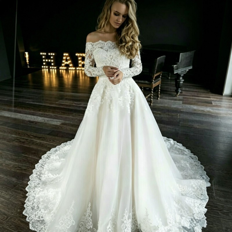 Vintage Off Shoulder A Line Long Sleeves Wedding Dresses White Ivory Bridal Gown