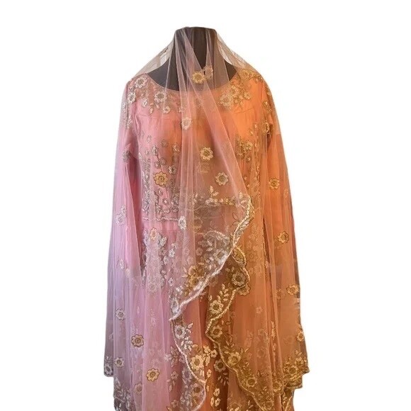 Custom Pink, White & Gold Heavily Beaded Bridal Women’s Dress, Large