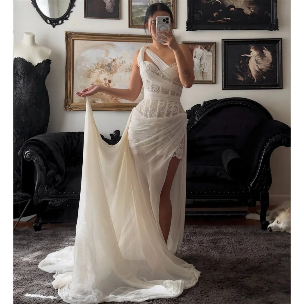 One Shoulder Wedding Dresses Sleeveless Side High Split Lace-Up Mermaid Gowns
