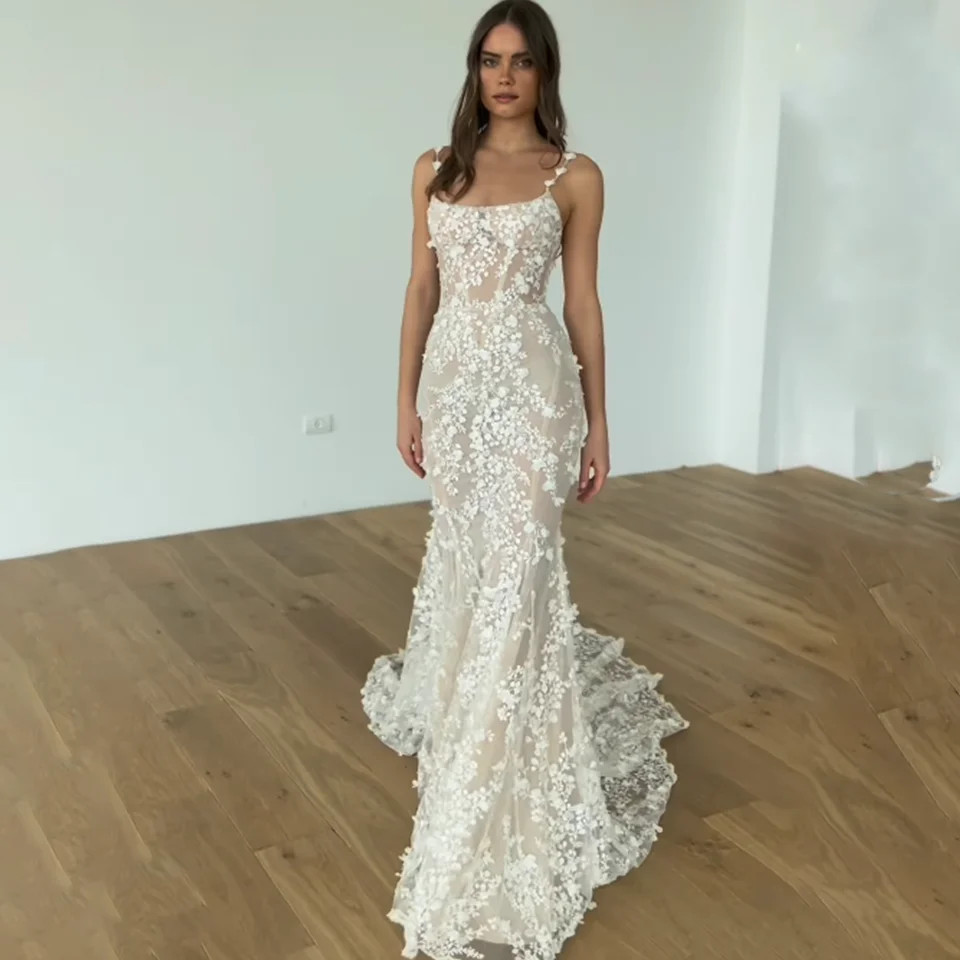 Square Neck Wedding Dress 3D Floral Lace Illusion Bodice Sweep Train Bridal Gown