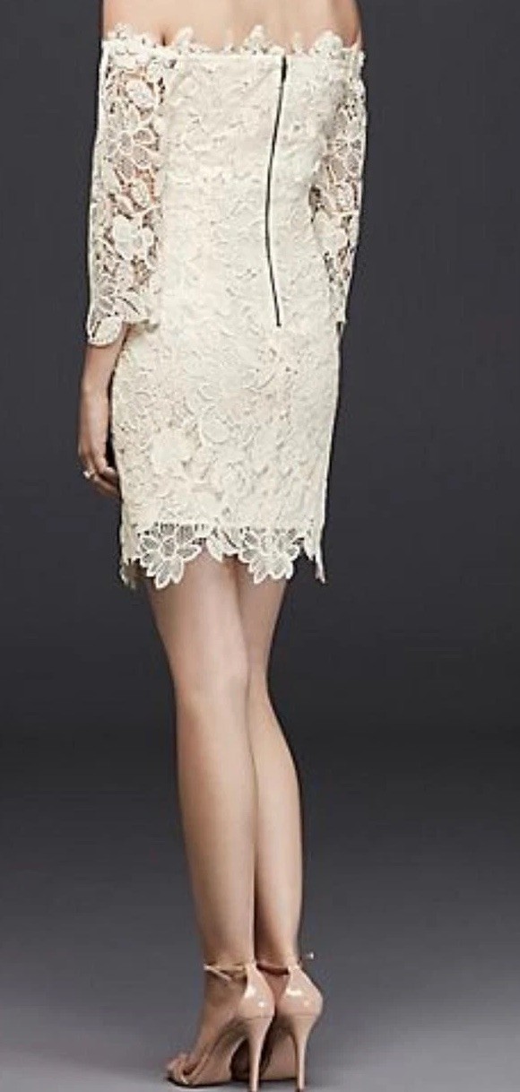 David’s Bridal Wedding Dress Women’s L Off-The-Shoulder Short Lace 3/4 Sleeve
