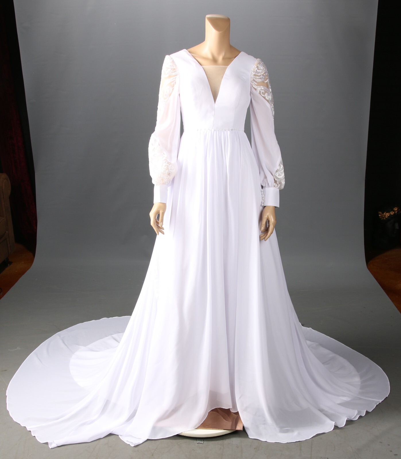 Unbranded Bishop Sleeve Sequin Plunge Chiffon V Neck White Wedding Dress sz 6