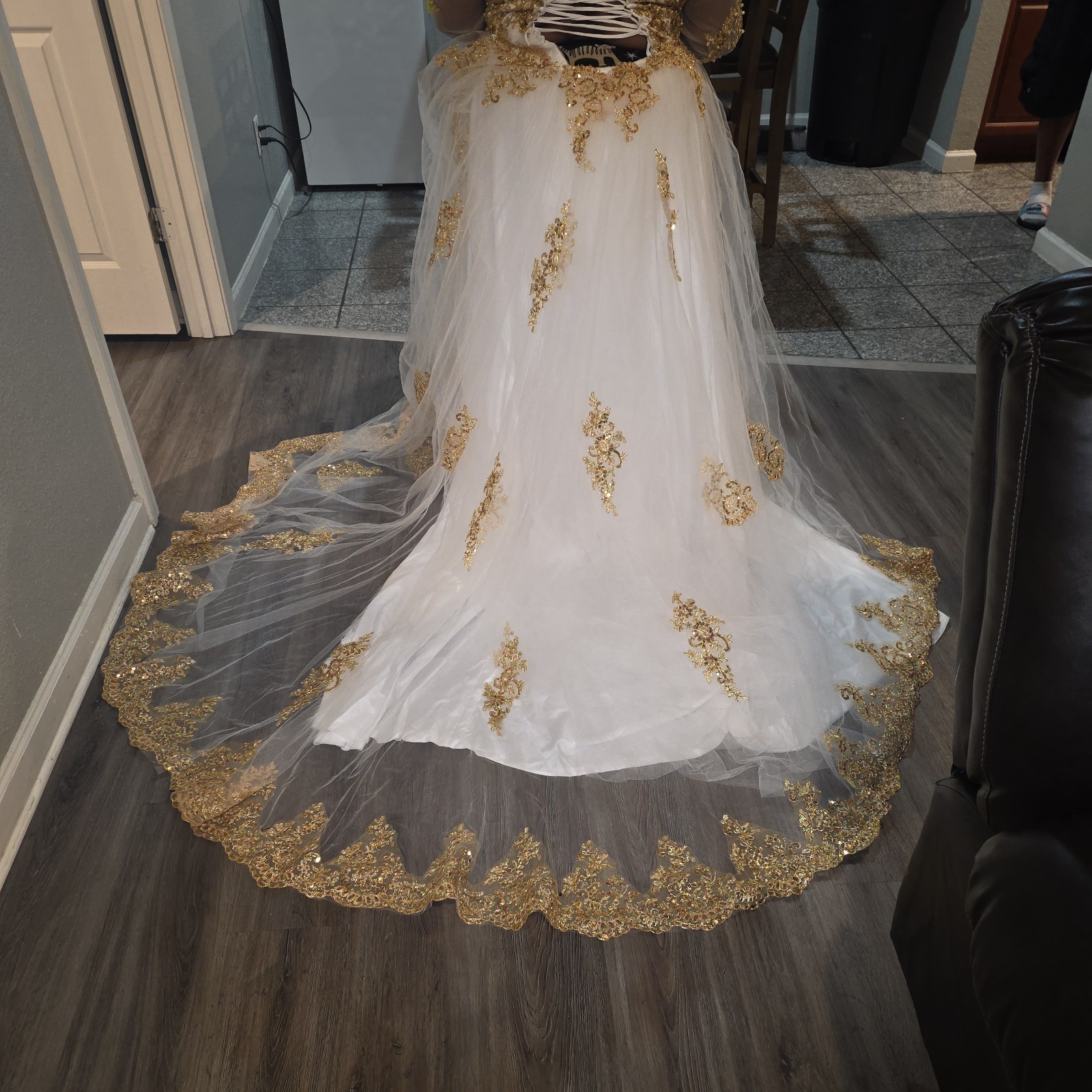Handmade White/Gold Beaded Embroidered Tulle A-Line Long Sleeve Train Dress