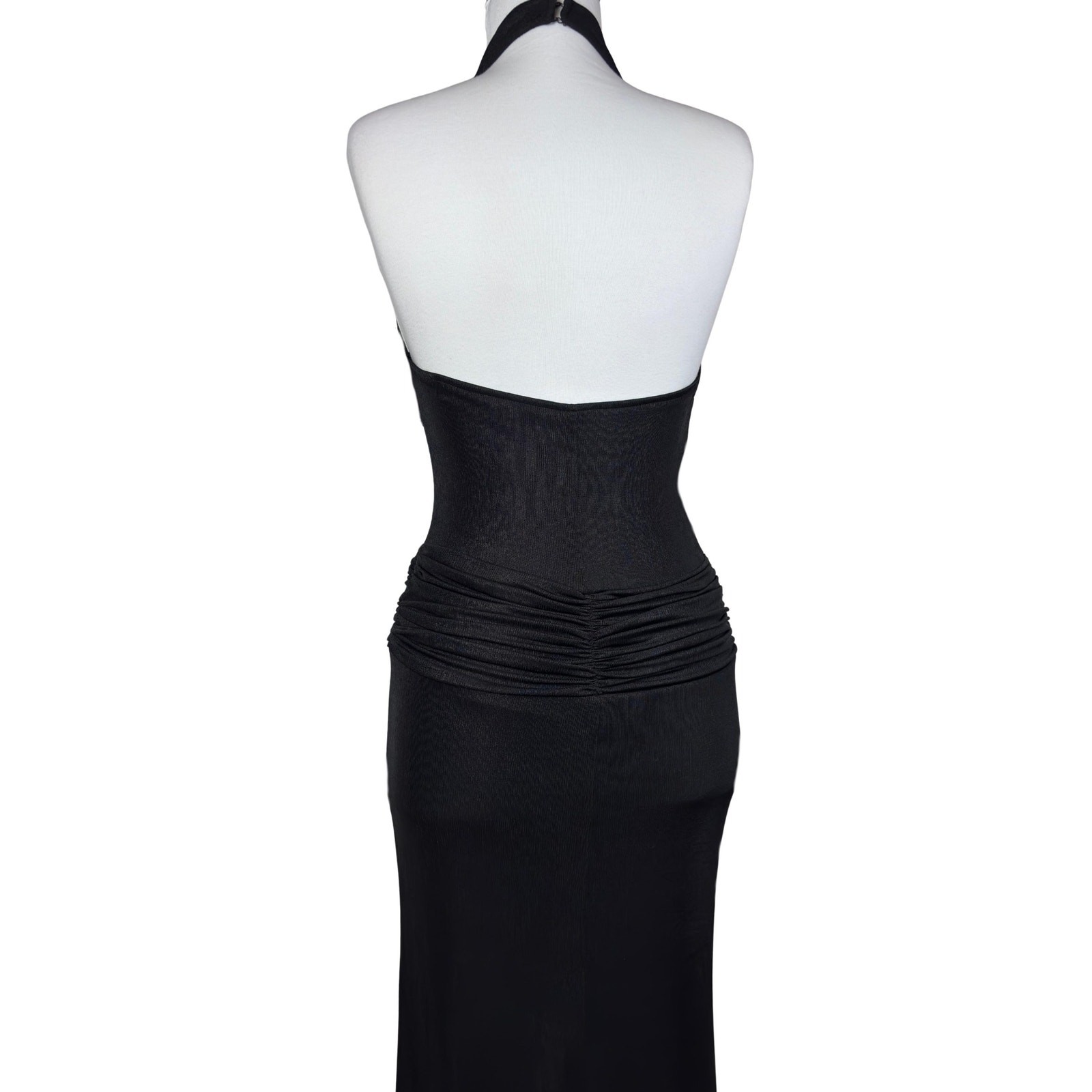 Y2K Black Halter Maxi Dress: Rhinestone Embellished, Deep Plunge, Bodycon