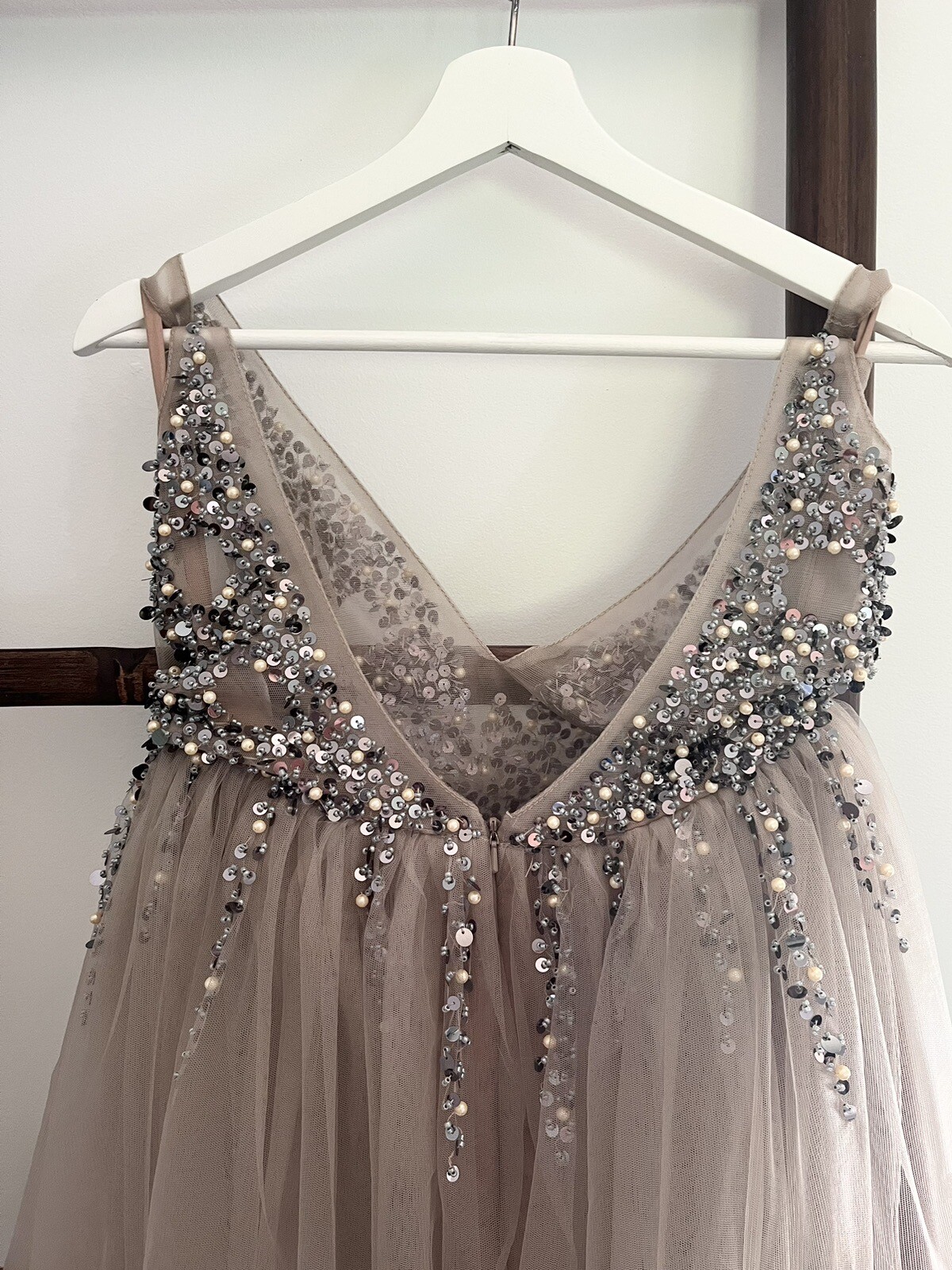 Boho Pearl and Sequin Taupe Tulle Wedding Dress with Slit Bridal Formal Gown