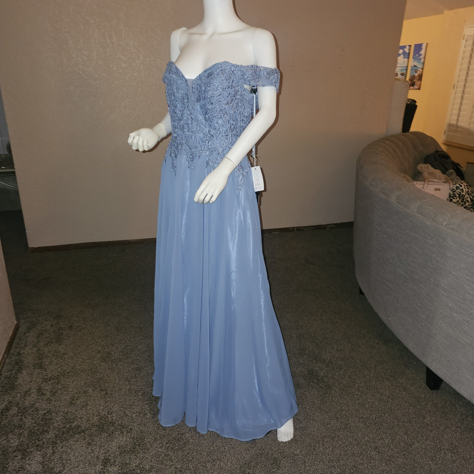 Eva Dress Slate Blue L Off-shoulder EV5239 Chiffon Corset Back NWT