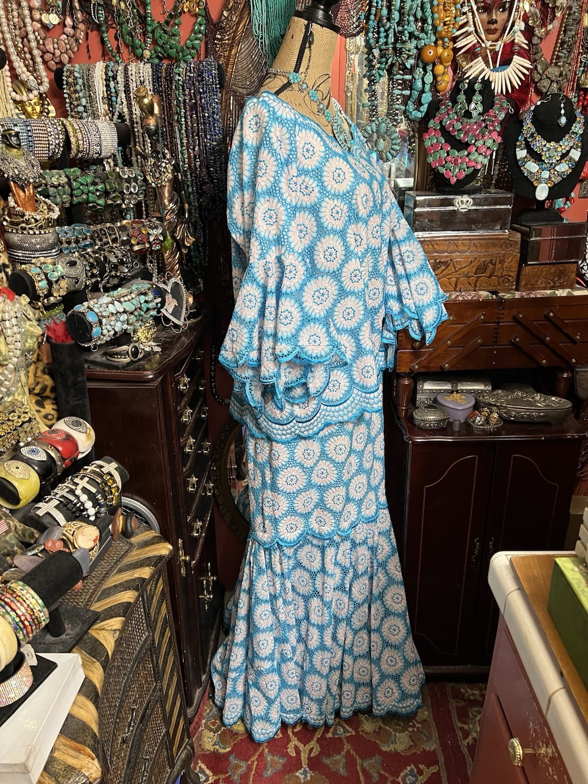 Gorgeous Vintage Handmade Crochet Lace In Turquoise & White Shirt & Top Size XXL