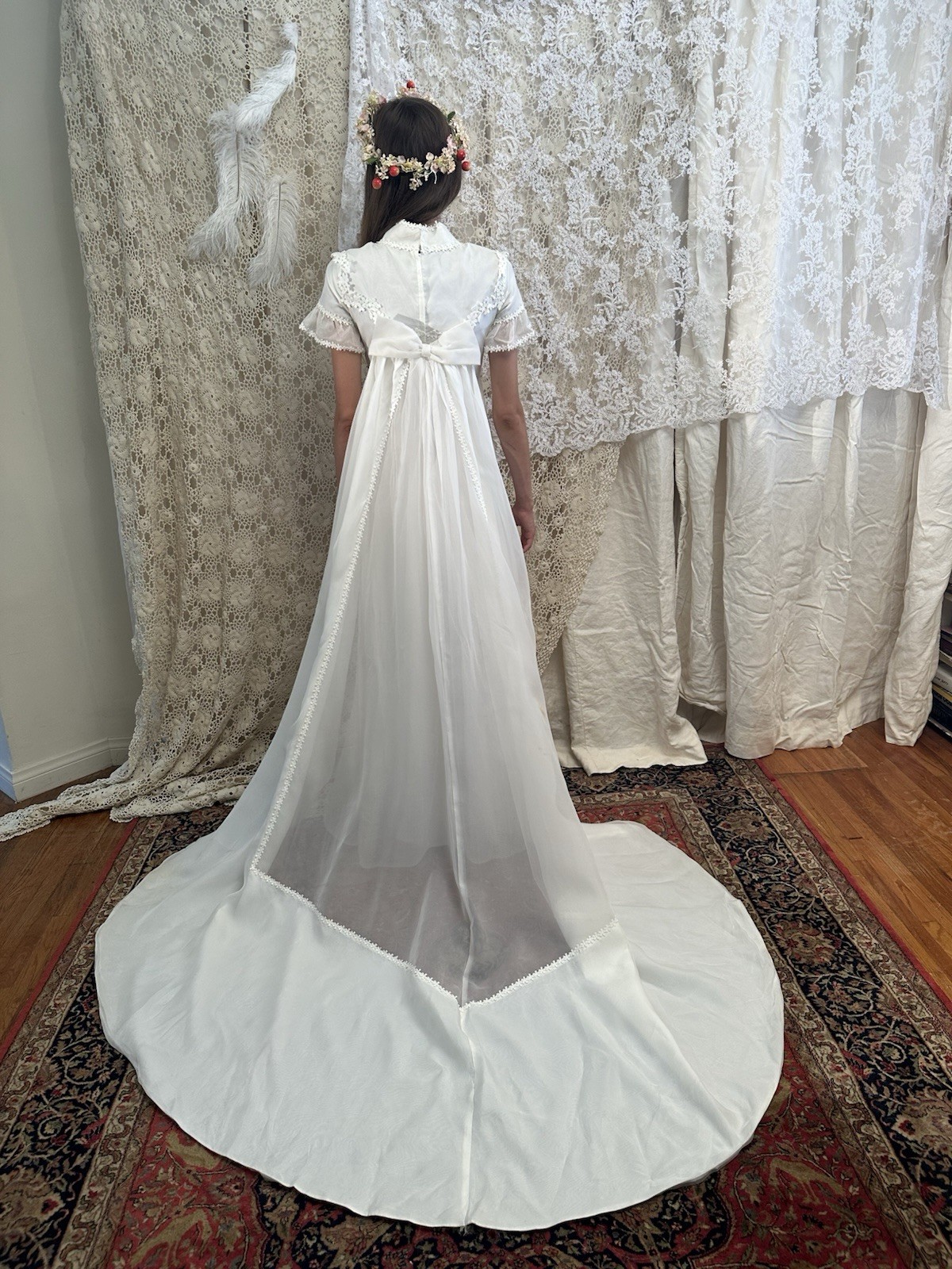Vintage 1960s Restored White Lace High Neck Short Sleeve A-Line Wedding Dress