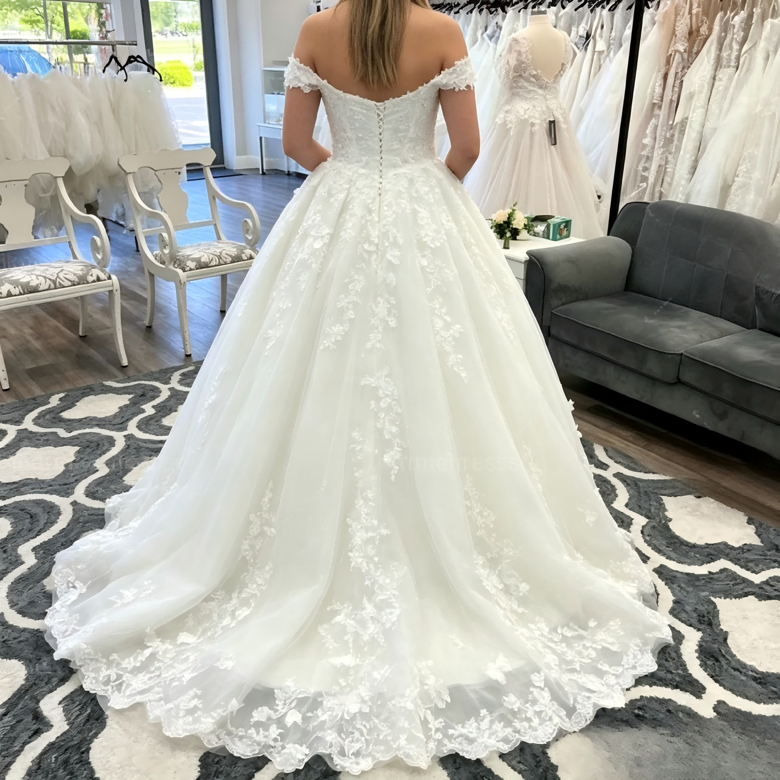 Off Shoulder 3D Floral Lace Princess Ball Gown Sweetheart Wedding Train