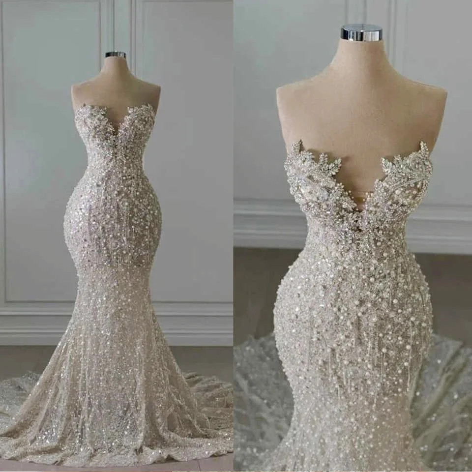 Crystal Pearls Appliques Mermaid Wedding Dress Sweetheart Luxury Bridal Gowns