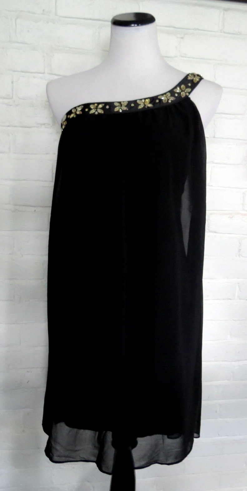 Ever-Pretty Black Formal Off One Shoulder SLIP Mini Dress Sz 6 Shift Rhinestone